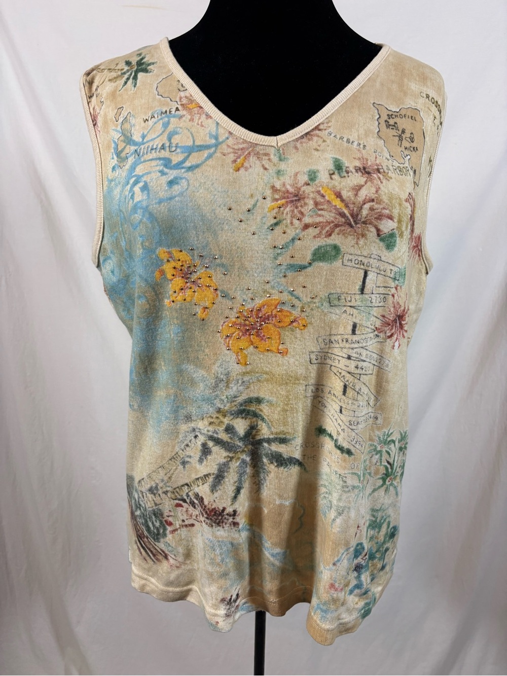 Coastal Grandma Tropical Hawaiian Rhinestone Hibiscus V Neck Tank Top 1X